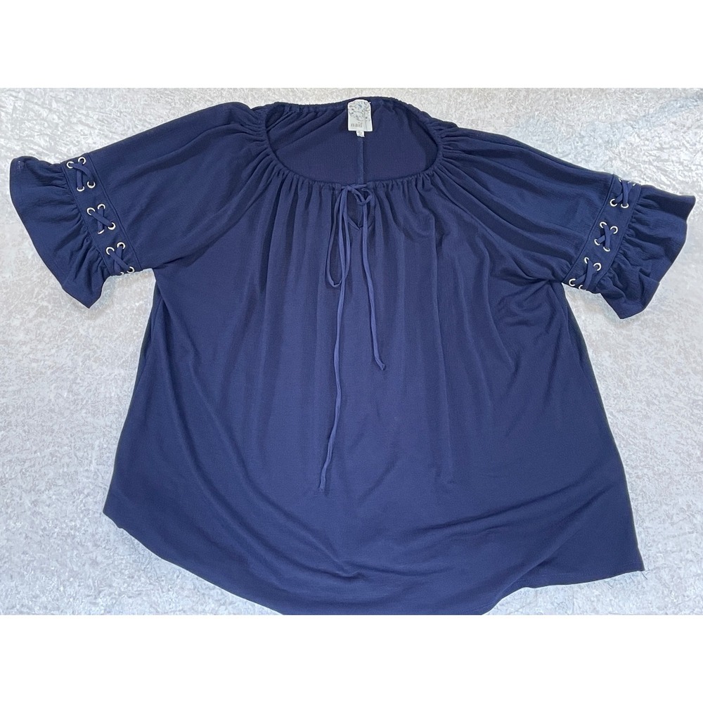 Naif Blouse Women 2X Navy Blue Excellent Lace Up Ruffle Peasant Top DT1401X